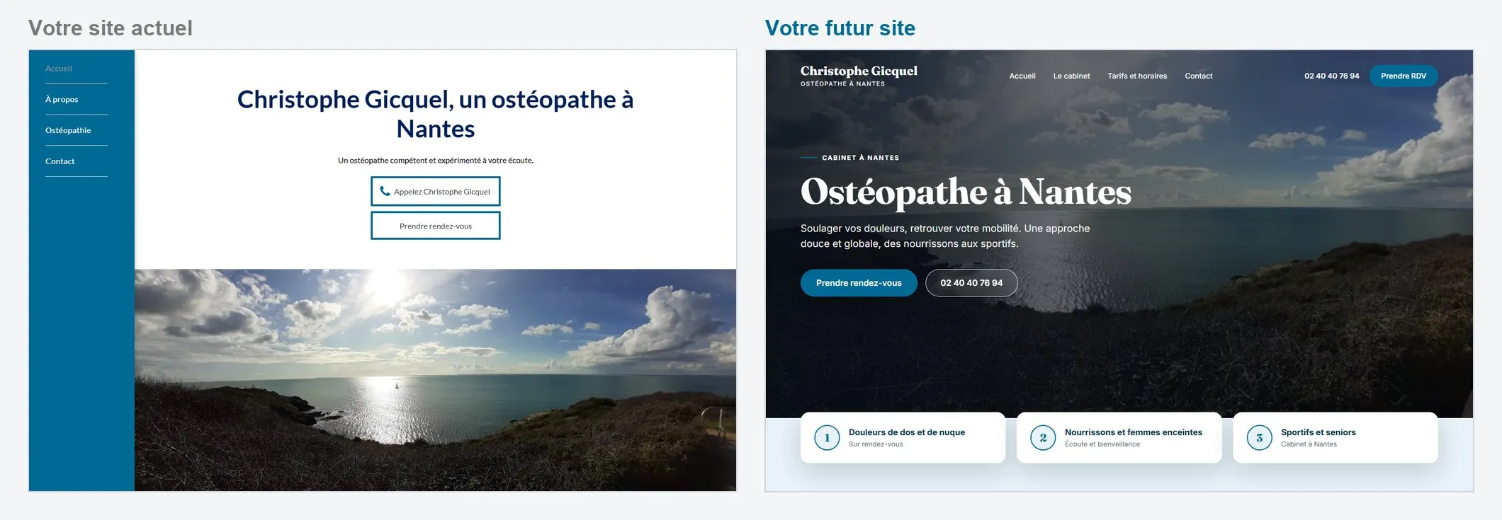 Site d'un ostéopathe à Nantes, avant et après la refonte