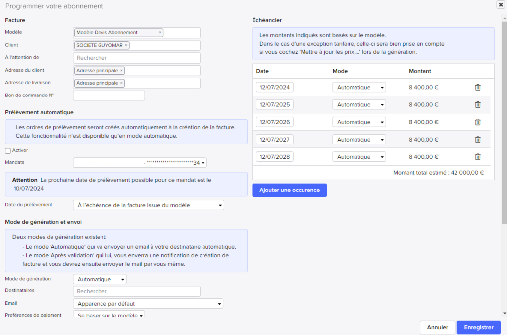 gestion des abonnements dans Sellsy